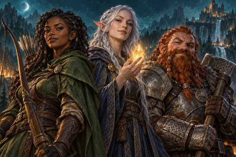 Three fantasy heroes: a ranger, an elf mage and a dwarf warrior.