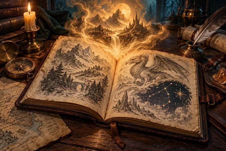 A magical landscape emerges from an illustrated journal beside maps and a compass.