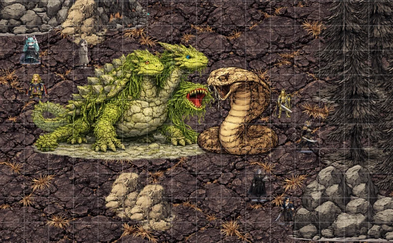 TTRPG game board screenshot: characters and creatures on a gridded rocky terrain map.