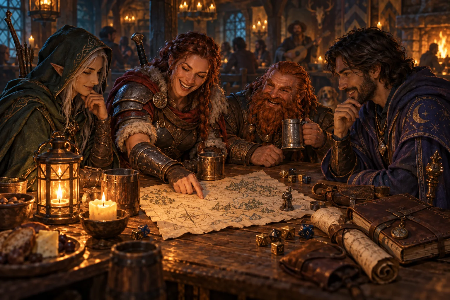 Four adventurers gathered around a candlelit map in a cosy tavern.